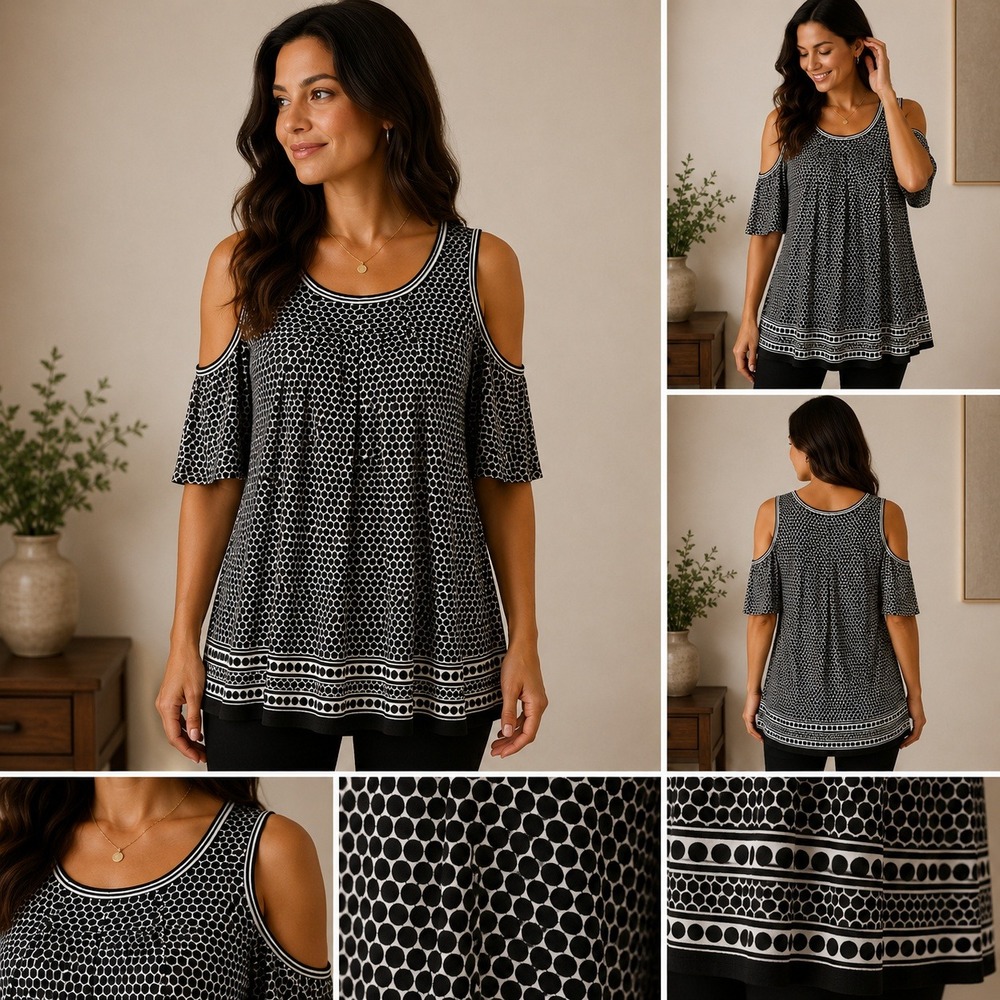 Max Studio Black White Honeycomb Polka Dot Cold Shoulder Blouse Small Scoop Neck